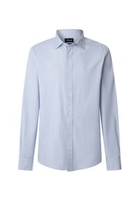 Camisa abotonada de color azul claro en una tela fina y texturizada. Presenta un cuello clásico y mangas largas con un dobladillo recto.