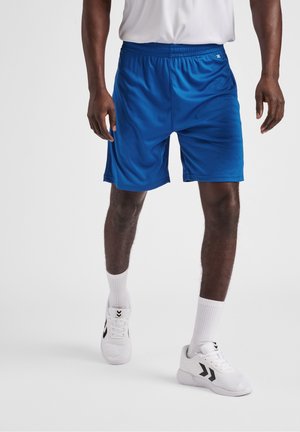 Blaue Sportshorts mit elastischem Bund, aus leichtem Material gefertigt. Mit glatter Textur und etwas lockerem Schnitt gestaltet.