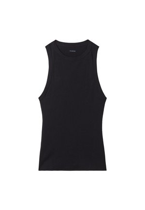 Black sleeveless ribbed tank top with round neckline, fitted silhouette, and narrow shoulder straps.