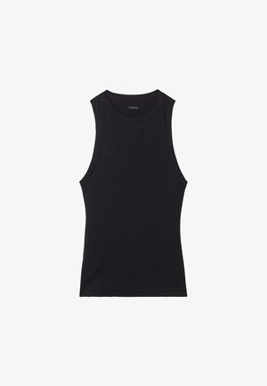 Black sleeveless ribbed tank top with round neckline, fitted silhouette, and narrow shoulder straps.