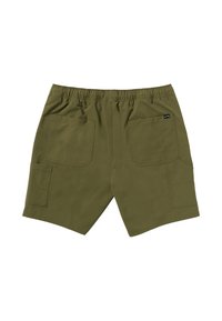 Pantalones cortos cargo verde oliva con cintura elástica, dos bolsillos traseros y un bolsillo lateral. Tejido suave con un acabado mate.
