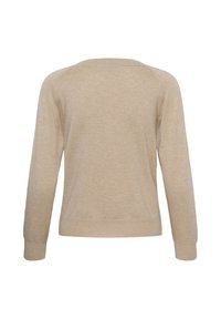 Pull en tricot beige à manches longues avec poignets et ourlet côtelés, présenté de dos sur fond blanc.