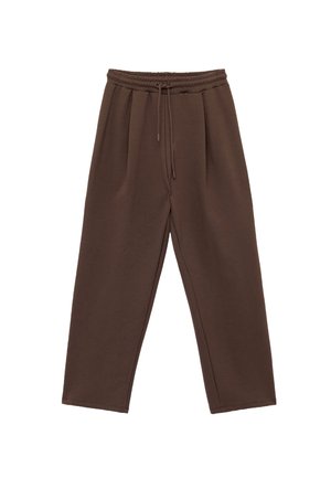 Braune, weite Hosen aus weichem Material mit einem elastischen Bund und einer Kordel zum Verstellen sowie zwei Vorderfalten für zusätzliche Details.