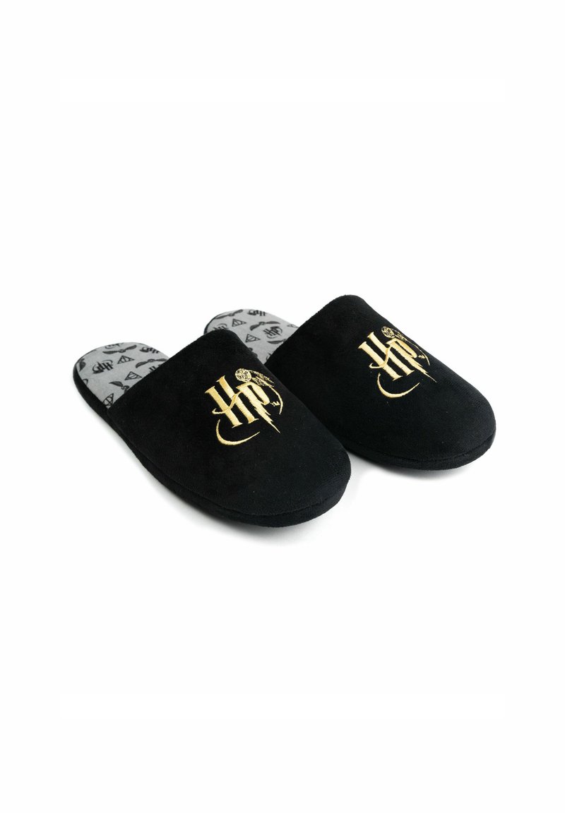 Black suede slippers with a rounded toe, featuring gold embroidered "HP" logo. The insoles have a gray pattern with triangular designs.