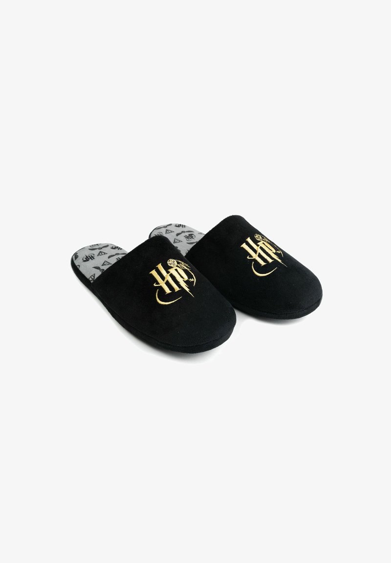 Black suede slippers with a rounded toe, featuring gold embroidered "HP" logo. The insoles have a gray pattern with triangular designs.