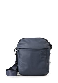 Compact navy blue crossbody bag with adjustable strap, front zip pocket, and subtle embossed logo on front panel.