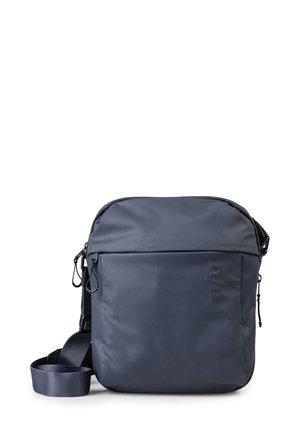 Compact navy blue crossbody bag with adjustable strap, front zip pocket, and subtle embossed logo on front panel.