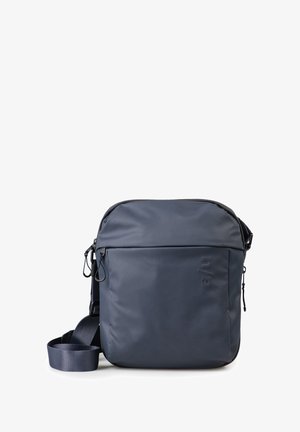 Compact navy blue crossbody bag with adjustable strap, front zip pocket, and subtle embossed logo on front panel.
