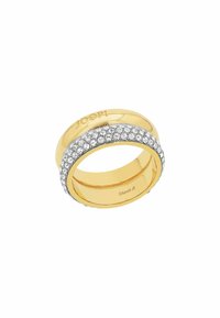 Anello in acciaio dorato con una fascia argento decorata con cristalli trasparenti, finitura liscia e nome del brand inciso all'interno della fascia.