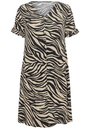 Hallux ja beež lühikeste varrukatega kleit, millel on V-kaelus, nööpide eesmine külg ja zebra triibuline muster kangal. Tavaline lõige.