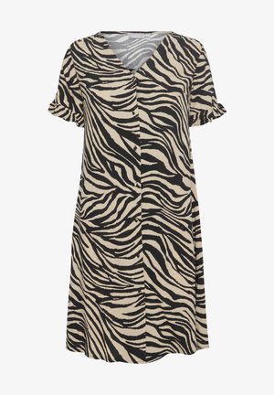 Hallux ja beež lühikeste varrukatega kleit, millel on V-kaelus, nööpide eesmine külg ja zebra triibuline muster kangal. Tavaline lõige.