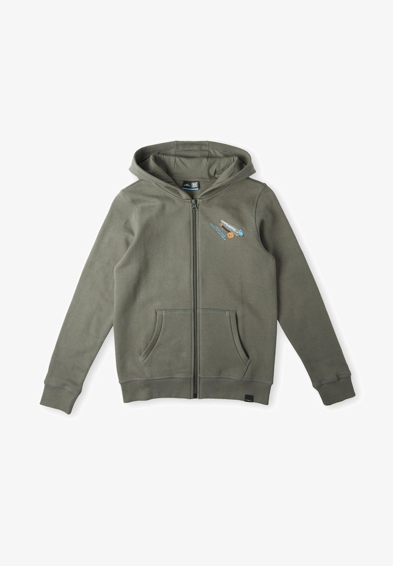 Sweat à capuche zippé vert olive avec poches avant, poignets côtelés, capuche et petit motif coloré sur le côté gauche de la poitrine.