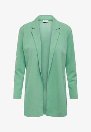 Lichtgroene blazer van zacht, glad materiaal. Voorzien van een reverskraag, open voorkant en lange mouwen. Minimalistisch ontwerp, zonder zichtbare sluitingen.
