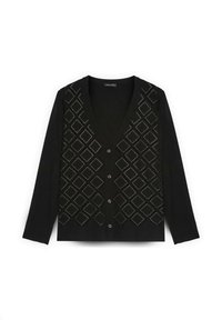 Černý kardigan s výstřihem do V, dlouhými rukávy a diamantovými ozdobami. Má přední zapínání na knoflíky a texturovanou pleteninu.