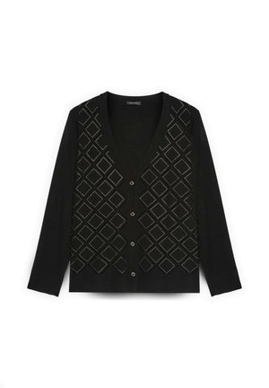 Černý kardigan s výstřihem do V, dlouhými rukávy a diamantovými ozdobami. Má přední zapínání na knoflíky a texturovanou pleteninu.