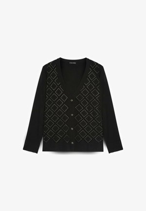 Černý kardigan s výstřihem do V, dlouhými rukávy a diamantovými ozdobami. Má přední zapínání na knoflíky a texturovanou pleteninu.
