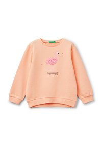 Sweatshirt pêche avec col rond et poignets côtelés. Présente un graphique de flamant rose en peluche sur un skateboard. Tissu doux et texturé.
