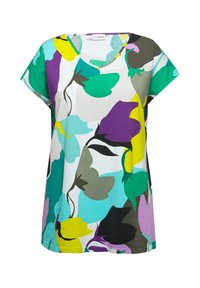 Camiseta de cuello en V con estampado floral en tejido ligero. Presenta colores vivos: verde, púrpura, azul, amarillo y acentos neutros. Mangas cortas.