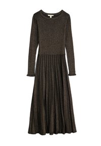 Abito lungo a maniche lunghe di colore marrone con una parte superiore a coste, gonna plissettata fluente e delicati polsini con volant, caratterizzato da una leggera lucentezza.