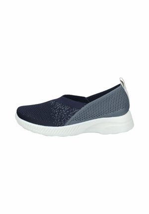 Slip-on casual sneaker with navy and gray knit upper and white cushioned sole, designed for lightweight comfort and breathability.