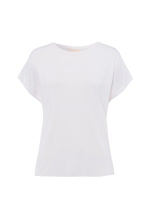 Bílá tričko s krátkým rukávem vyrobené z jemného bavlněného materiálu, s kulatým výstřihem a volnějším střihem s minimálními švy.