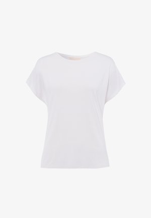 Bílá tričko s krátkým rukávem vyrobené z jemného bavlněného materiálu, s kulatým výstřihem a volnějším střihem s minimálními švy.