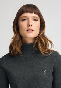 Pull en maille torsadée gris foncé avec col montant et un petit logo brodé sur la poitrine. Texture douce, coupe ajustée.