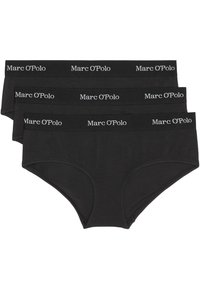 Set di biancheria intima in cotone nero composto da tre paia. Ogni paio presenta una cintura elastica larga con il logo "Marc O'Polo" in lettere bianche.