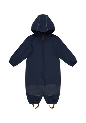 Navy blue one-piece snowsuit with a hood, featuring elastic cuffs, a front zipper, and gray panels at the legs. Includes brown leather accents.