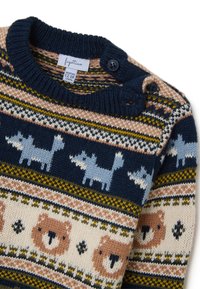 Maglione in maglia blu navy con un motivo di volpi blu chiaro e orsi beige, dotato di un collo a girocollo a coste e dettagli con bottoni sulla spalla.