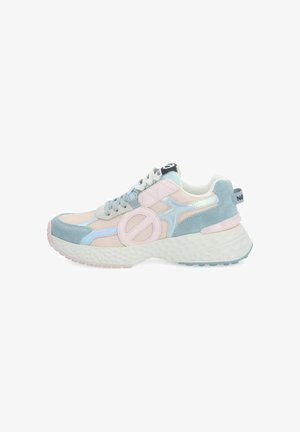 Multicolored sneaker featuring a mesh upper in cream, blue, and pink suede accents. Thick white sole with textured detailing and logo on tongue.