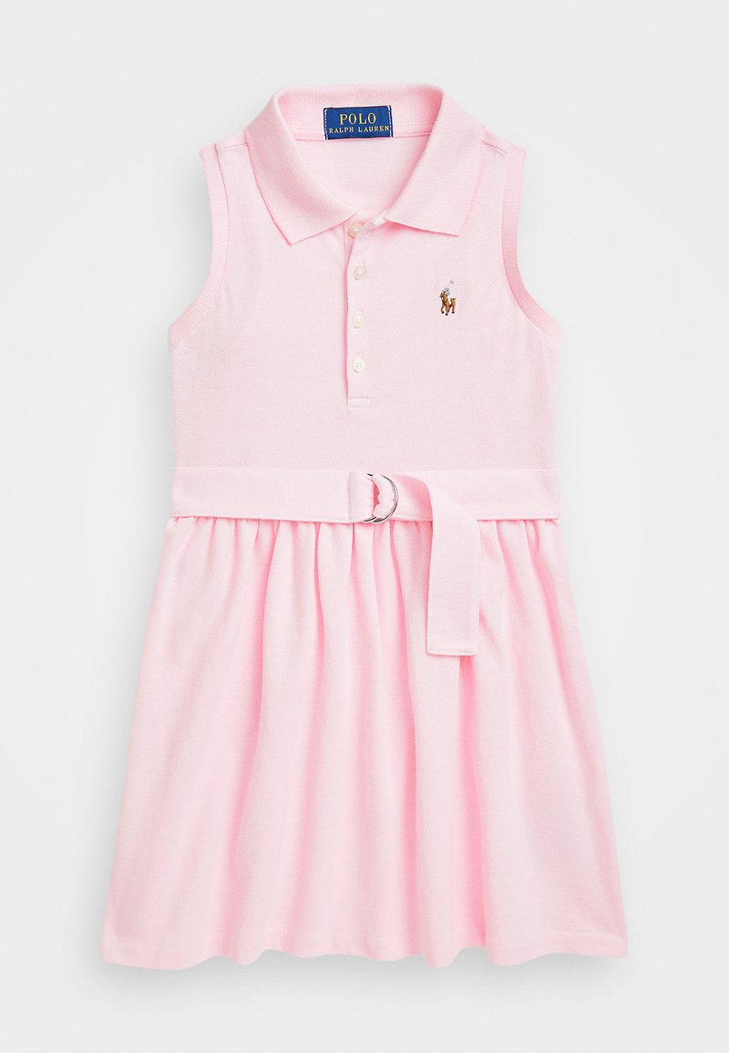 Pink sleeveless dress with a collared neckline, button placket, pleated skirt, and a fabric belt with a circular buckle. Polo logo on chest.