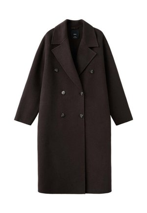 Bruine double-breasted jas gemaakt van wol. Voorzien van een revers met inkeping, lange mouwen en zes zwarte knopen langs de voorkant.