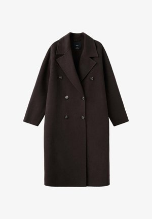 Bruine double-breasted jas gemaakt van wol. Voorzien van een revers met inkeping, lange mouwen en zes zwarte knopen langs de voorkant.