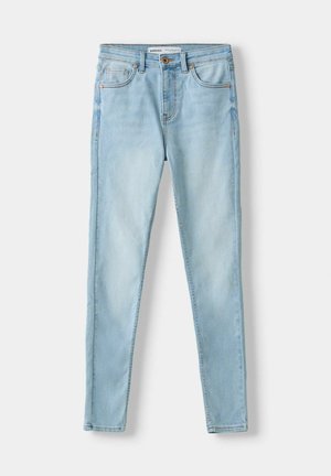 Light blue skinny jeans made of denim, featuring a five-pocket design with a button closure and faint whiskering for texture detail.