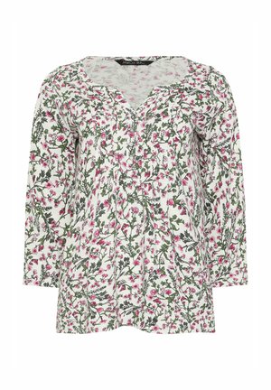 Weiße langärmlige Bluse mit pinkem und grünem Blumenmuster, rundem Ausschnitt und einer Dreiknopfblende vorne.