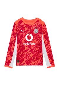 Pitkähihainen oranssi ja punainen abstraktikuosisempi jalkapallopaita, jossa valkoiset Puma-logot, Vodafone-sponsorointi ja BVB 09 -seuran logo.