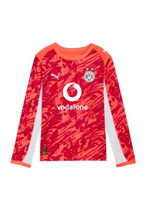 Pitkähihainen oranssi ja punainen abstraktikuosisempi jalkapallopaita, jossa valkoiset Puma-logot, Vodafone-sponsorointi ja BVB 09 -seuran logo.