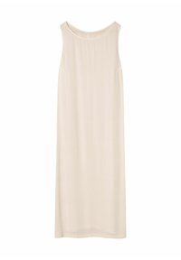 Beżowa sukienka bez rękawów, wykonana z lekkiego materiału. Posiada okrągły dekolt, prostą sylwetkę i subtelną teksturę.