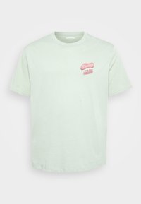 Lysegrøn bomulds t-shirt med korte ærmer, rund hals og et pink "Hilsner fra Arizona" grafisk motiv på venstre brystområde.