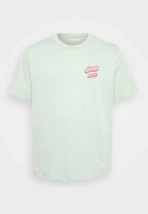 Light green cotton t-shirt with short sleeves, crew neck, and a pink “Greetings from Arizona” graphic on the left chest area.