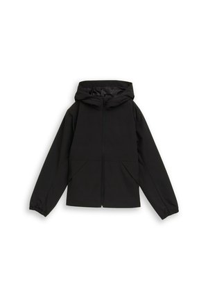 Czarna kurtka z kapturem, zapinana na suwak z przodu, z długimi rękawami, elastycznymi mankietami i dwoma ukośnymi przednimi kieszeniami, ułożona płasko na białym tle.