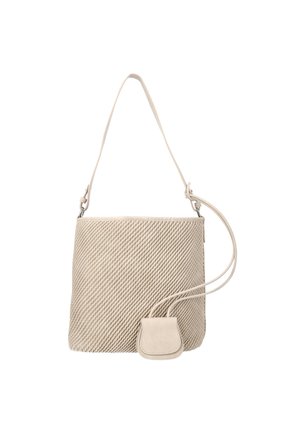Beige textured handbag with a long adjustable strap and a small attached pouch, shown on a white background.