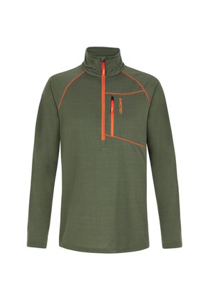 Grüner Fleece-Pullover mit hohem Kragen, halbem Reißverschluss und kontrastierender orangefarbener Naht sowie Taschendetails. Eignet sich für Outdoor-Aktivitäten.