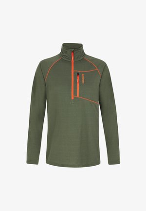 Grüner Fleece-Pullover mit hohem Kragen, halbem Reißverschluss und kontrastierender orangefarbener Naht sowie Taschendetails. Eignet sich für Outdoor-Aktivitäten.
