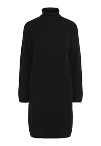 Robe-pull noire à manches longues, longueur au genou, col roulé, en tissu tricoté texturé avec une silhouette droite.