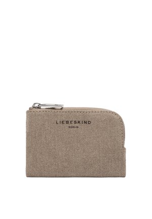 Kompaktowy beżowy portmonetka z tkaniny z srebrnym zamkiem błyskawicznym i nadrukowanym z przodu logo "Liebeskind Berlin".
