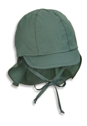 Green fabric sun hat with a wide brim, adjustable chin straps, and back neck flap for sun protection. Smooth texture with seamless stitching.
