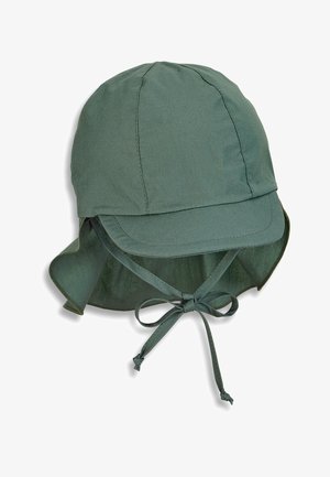 Green fabric sun hat with a wide brim, adjustable chin straps, and back neck flap for sun protection. Smooth texture with seamless stitching.