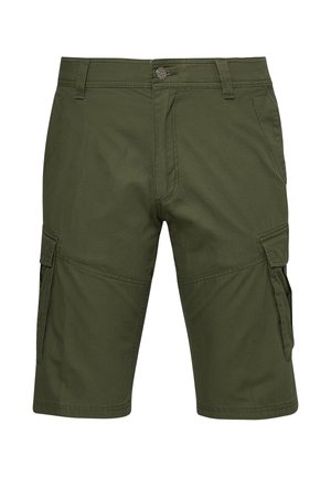 Shorts cargo vert olive avec bouton avant, passants de ceinture, poches latérales et poches à rabat sur chaque cuisse.